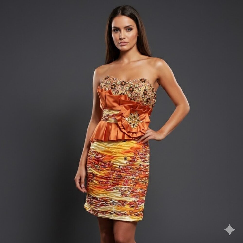 Tony Bowls Multicolor Strapless Dress with Scarf